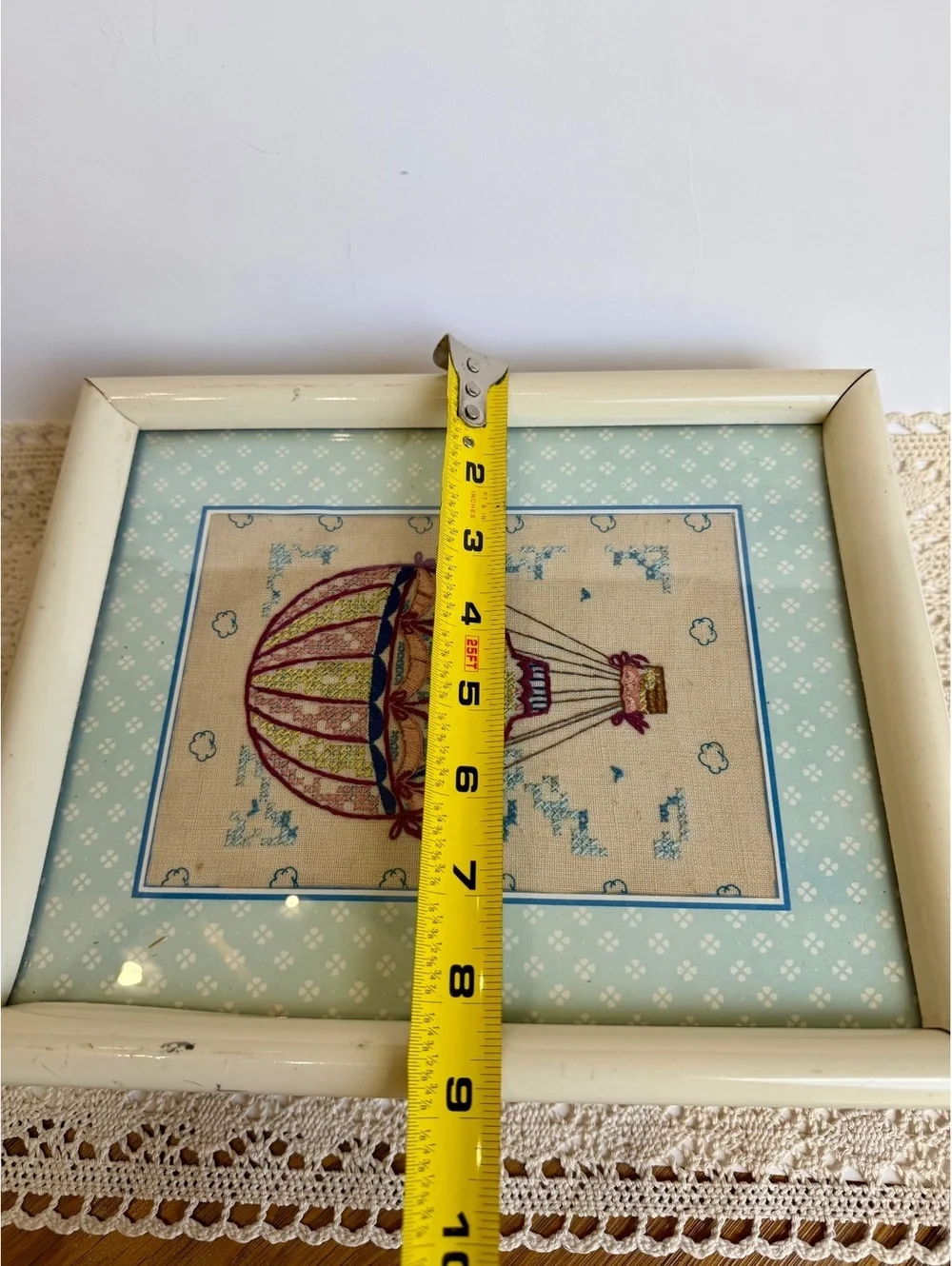 Vintage Framed Hot Air Balloon Crewel Embroidery Needlework Wall Art